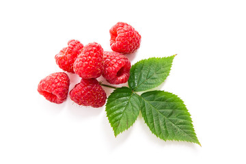 Ripe raspberries with leaf isolated on white background.