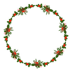 Round frame with Holly berry, pine branch and cone. Decorative frame for traditional wreath on door to Christmas, New year. For greeting card, vignette, banner, email for holiday.