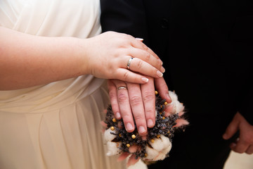 Bride and groom hands with wedding rings