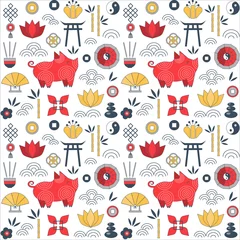 Tuinposter Repeating pattern with Chinese New Year elements for fabric, textiles, gift wrapping paper and print. China Spring Festival 2019 seamless background with pig, lotus flowers and traditional ornaments. © krugli