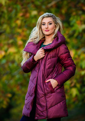 How pick jacket. Puffer fashion concept. Professional stylist advice. Woman wear extra volume...