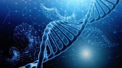 Blue and red particles dna helix glowing over dark blue background. Concept of genetics, science and medicine. Biotech. 3d rendering copy space toned image - obrazy, fototapety, plakaty
