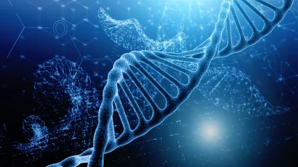 Blue and red particles dna helix glowing over dark blue background. Concept of genetics, science and medicine. Biotech. 3d rendering copy space toned image © vladimircaribb