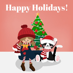 A cute girl and a cat wearing Santa hat and scarf with Christmas tree and Happy Holidays text on pink background. Vector illustration.