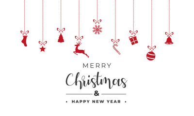 Merry Christmas and Happy New Year Card with Christmas Decorations, Red Ornaments, Gift Box, Snowflakes and Star on White Background