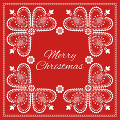 Folk art Christmas card vector template. Holiday red background with ornaments. Season retro design illustration for web banner, greeting, party invitation, poster.