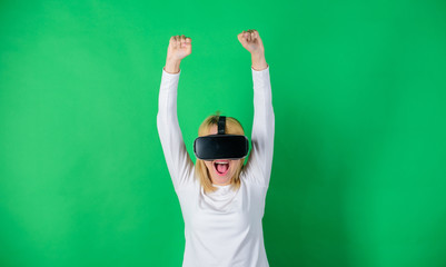 Woman using virtual reality headset. 3d technology, virtual reality, entertainment, cyberspace and...