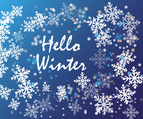 inscription Hello winter on a blue background with snowflakes