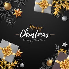 Christmas poster with golden Christmas snowflakes and presents