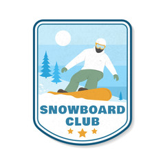 Snowboard Club patch. Vector. Concept for shirt, print, stamp, patch or tee. Vintage typography design with snowboard and mountain silhouette. Extreme sport.