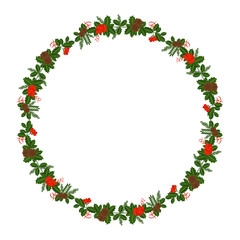 Round frame with Holly berry, pine branch and cones, snowflakes, serpentine and caramel cane. Decoration border for Christmas, New year. For greeting card, vignette, banner, email for holiday.
