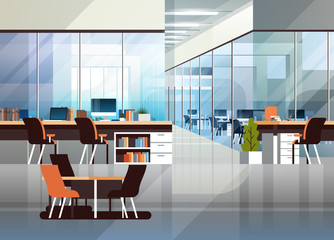 Coworking office interior modern center creative workplace environment horizontal empty workspace flat