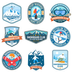Set of Snowboard Club patches. Vector. Concept for patch, shirt, print, stamp or tee. Vintage typography design with snowboarder and mountain silhouette. Extreme sport.