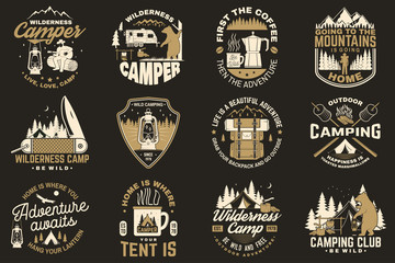 Obraz premium Summer camp. Vector. Concept for shirt or patch, print, stamp. Vintage typography design with rv trailer, camping tent, campfire, bear, coffee maker, pocket knife and forest silhouette.