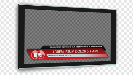 TV realistic flat screen lcd, plasma with news bars for Video headline title or lower third. Isolated on transparent background. Mock Up Template.