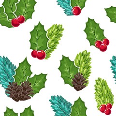 seamless pattern of Cranberries, cones and fir branches and berries. Cowberry Doodle vector illustration in red and green. The cranberries image to your menu and packaging design.Christmas pattern.