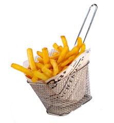 Basket of freshly made French fries on white studio background