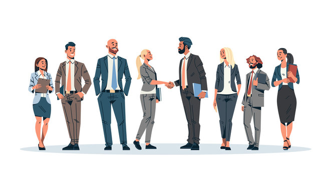 business people group hand shake agreement communicating concept businessmen women team leader meeting male female cartoon character isolated full length horizontal banner flat