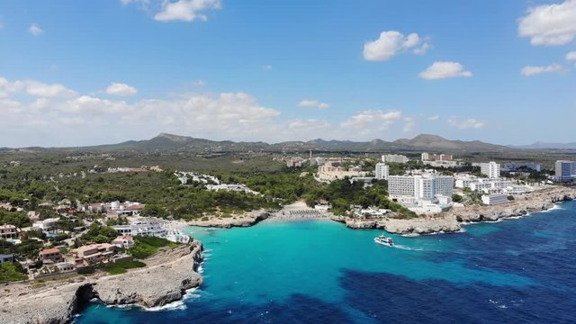 Aerial view, Flight at the coast with hotels and villas, Cala Tropicana and Cala Domingos, Mallorca, Spain