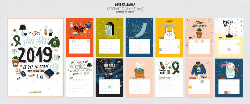 Cute 2019 Calendar. Yearly Planner Calendar with all Months.