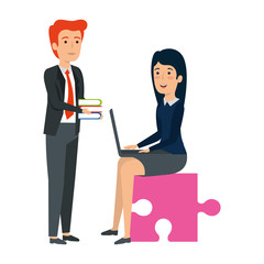 Obraz premium couple sitting in puzzle piece with laptop and books