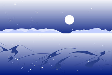 Vector illustration: Winter scene with valley and mountains landscape in distance. Christmas background.