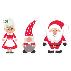 cartoon christmas dwarf girl and cartoon santa claus and cartoon mrs santa