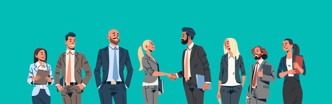 business people group hand shake agreement communicating concept businessmen women team leader meeting male female cartoon character portrait horizontal banner flat