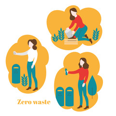 Flat woman recycling plastic and metal. Cartoon girl composting. Healthy lifestyle and environment care