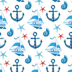 Seamless pattern in children`s style, with ships, anchor, seashell, starfish. In blue tones.