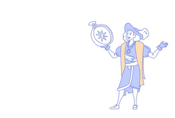man holding compass happy columbus day concept business direction america discover holiday sketch doodle horizontal vector illustration