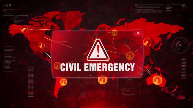Civil Emergency Alert Warning Message Attack on World map. Wire frame Radar Network Seamless loop Motion Background. UI Elements HUD Sci Fi interface.