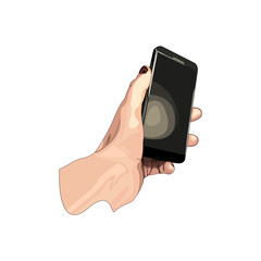 Hand holding mobile phone. Vector illustration on white background