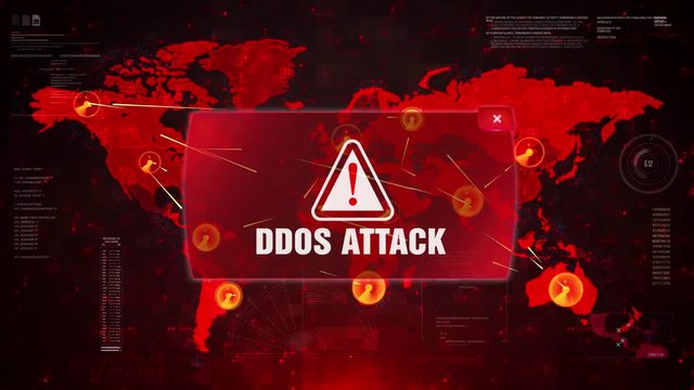 DDOS Attack Alert Warning Message Attack on World map. Wire frame Radar Network Seamless loop Motion Background. UI Elements HUD Sci Fi interface.