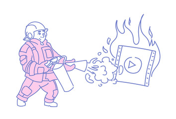 fireman extinguishing burning video player online media streaming movie film concept character wearing red uniform helmet man fire fighter sketch doodle horizontal