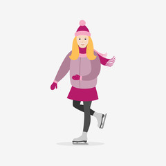 The girl is skating. The girl in winter clothes of pink color. Flat illustration for design.