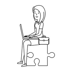 businesswoman sitting in puzzle piece with laptop