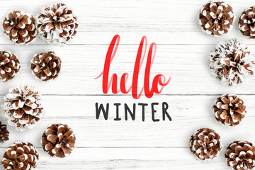 Hello Winter typography on table mockup