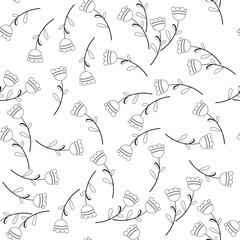 Vector flower black-white pattern. Seamless botanic texture, detailed flowers illustrations. Floral pattern in doodle style, spring floral background.