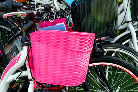 New  Children Bikes Near The Store. Pink Trunk Close-up