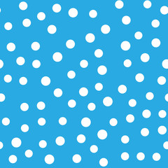 Snowy seamless patern. White dot snowflakes on blue background. Snow and Christmas theme. Abstract backround.