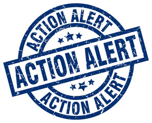 action alert blue round grunge stamp