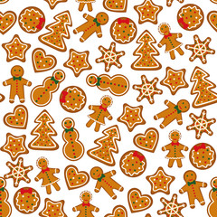 Stoffe zum Nähen Christmas seamless pattern with gingerbreads on white background