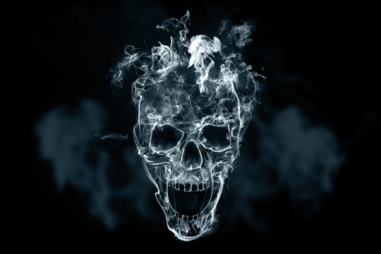 Skull from cigarette smoke on a black background. Creative background. The concept of smoking kills, nicatine poisons, cancer from smoking, stop smoking. Copy space.