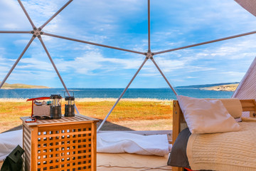 The interior of a glamorous camp in the north of Russia on the shores of the Arctic Ocean