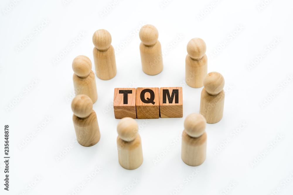 Wall mural Wooden figures as business team in circle around acronym TQM Total Quality Management