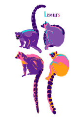 Collection of wild lemurs drawn in the technique of rough brush in vibrant colors