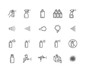Spray can flat line icons set. Hand with aerosol, airbrush, powder coating, graffiti art, cough effect vector illustrations. Thin signs for disinfection, cleaning. Pixel perfect 64x64. Editable Stroke