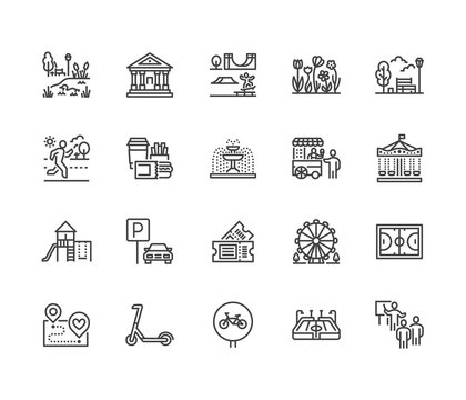 Park flat line icons set. Botanical garden, carousel, ferris wheel, museum, excursion, pond, street food, fountain vector illustrations. Thin signs for outdoors. Pixel perfect 64x64. Editable Strokes