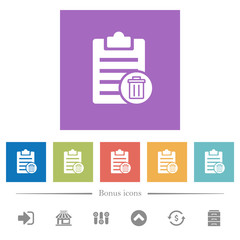 Delete note flat white icons in square backgrounds